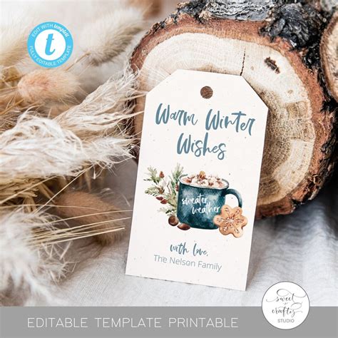 Editable Winter Gift Tag Warm Wishes Hot Cocoa Christmas Template Holiday Gift Tag Edit