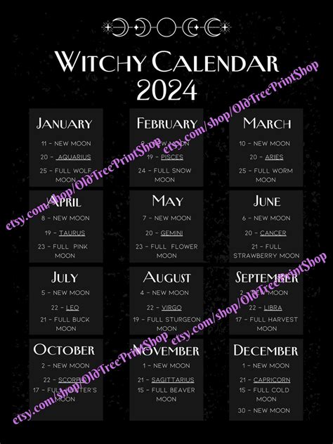 Printable Witchy Calendars 2024 Lunar Calendar Full Moon Phase Calendar Digital Download Etsy