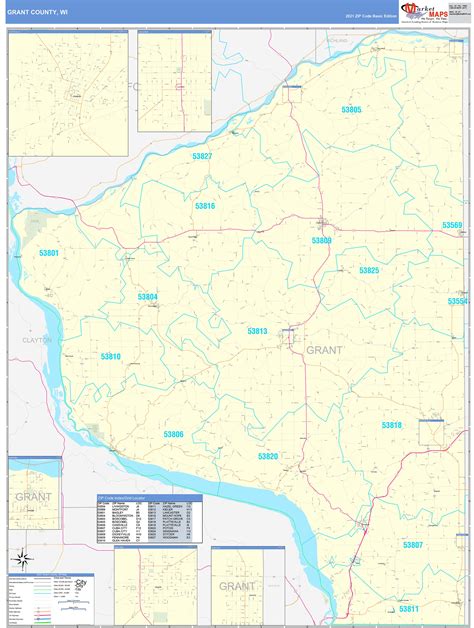 Grant County, WI Zip Code Wall Map Basic Style by MarketMAPS - MapSales