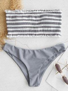 Zaful Stripe Smocked Bandeau Bikini Set Gray Cloud S Bikini Bandeau