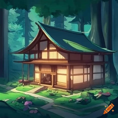 A japanese house in the woods in anime style