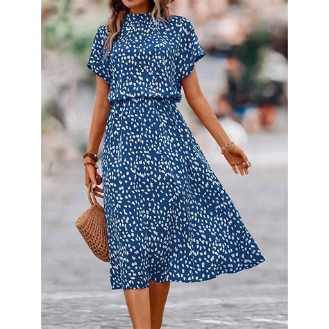 Women S A Line Dress Ditsy Floral Print Crew Neck Midi Dress Date Short