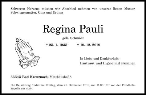 Traueranzeigen Von Regina Pauli Rz Trauer De