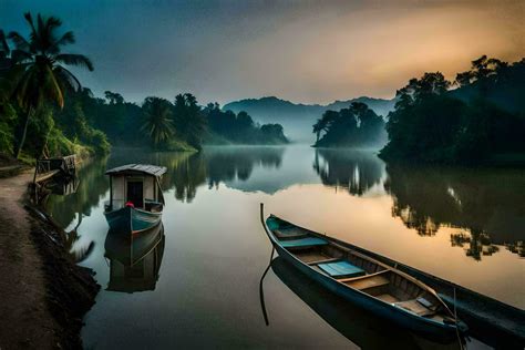 Two Boats Are Docked On The Shore Of A River Ai Generated