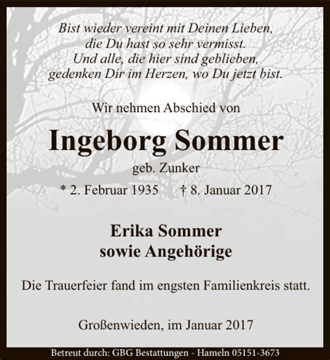 Traueranzeigen Von Ingeborg Sommer Trauerportal Ihrer Tageszeitung