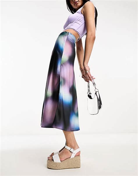 Monki Midi Skirt In Purple Multi Blurred Abstract Print Asos