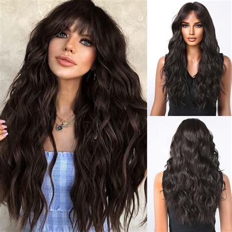 Allbell Black Brown Curly Wigs With Bangs Long Wavy Wigs For Women Natural