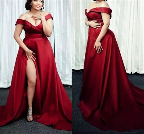 Dark Red Plus Size Prom Dresses Off Shoulder Front Split Long A Line