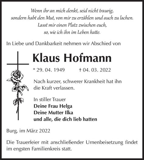 Traueranzeigen Von Klaus Hofmann Abschied Nehmen De