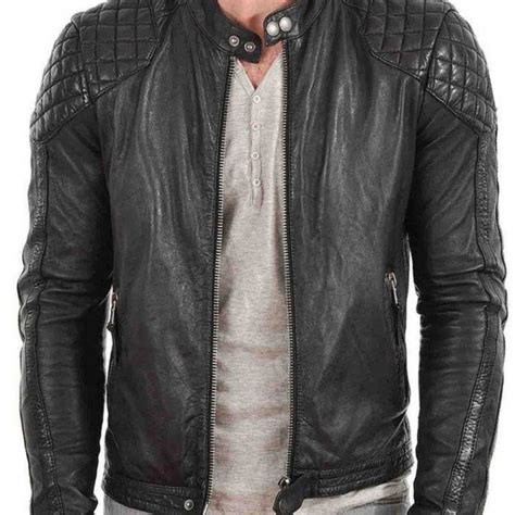 Mens Snap Tab Collar Quilted Shoulder Black Leather Jacket Films Jackets