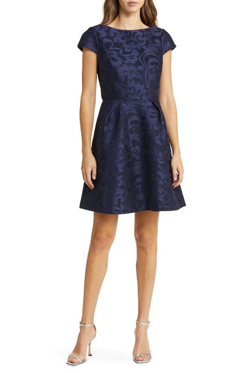 Eliza J Metallic Floral Jacquard Fit Flare Dress In Blue Lyst