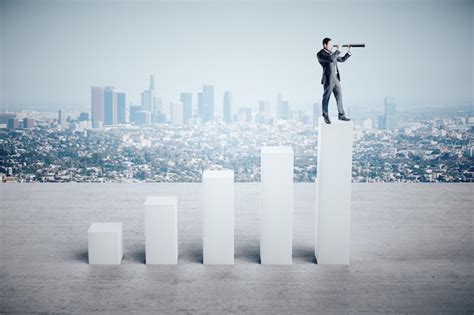 Premium Photo | Businessman standing on abstract stock chart with telescope