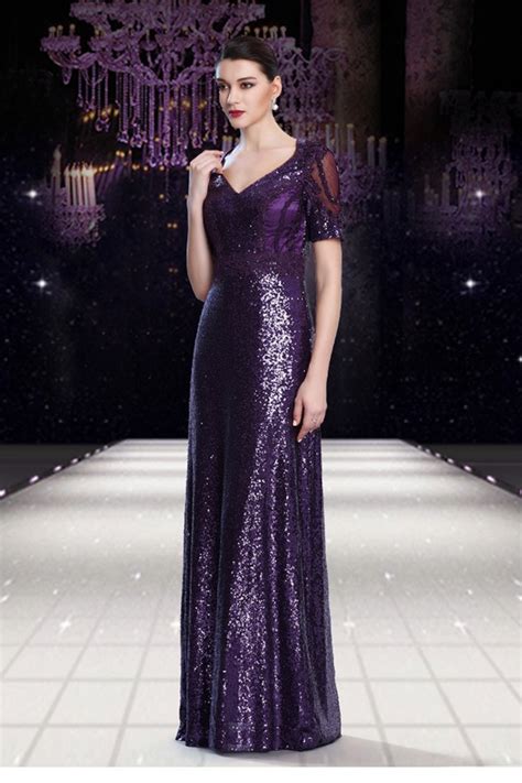 Stunning V Neck Sheer Back Long Purple Sequin Formal Occasion Evening Dress With Sleeves