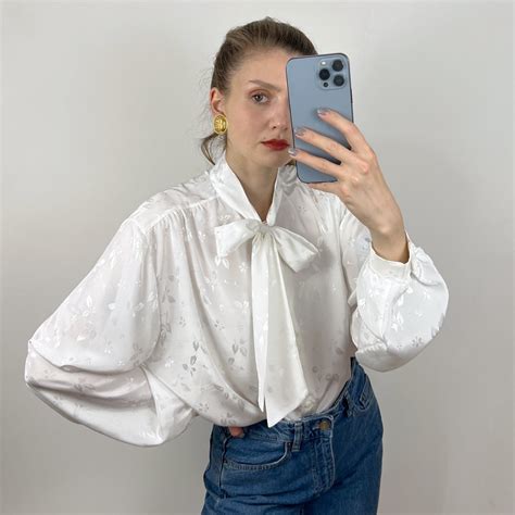 Vintage White Silky Pussybow Blouse White Bishop Sleeve Blouse Pussy Bow Collar Blouse Puffy