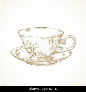 Teacup Engraving Tea Cup And Saucer In Hand Drawn Style Stock Vector