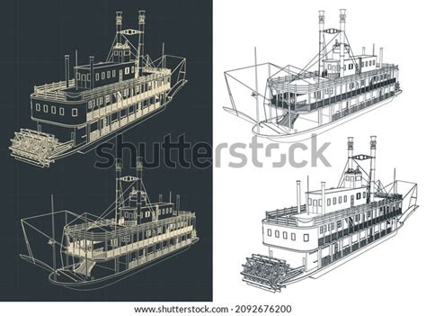 Stylized Vector Illustration Paddle Steamer Sketches Stock Vector