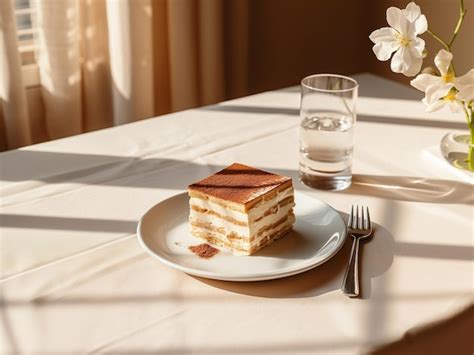 Premium Ai Image Sunlit Layered Cake Beside Blossom And Refreshing