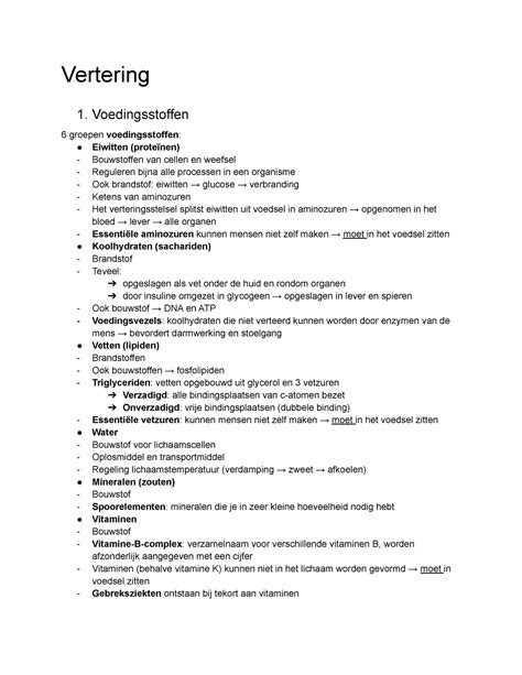 Bio Samenvatting 6vwo Vertering Vertering 1 Voedingsstoffen 6