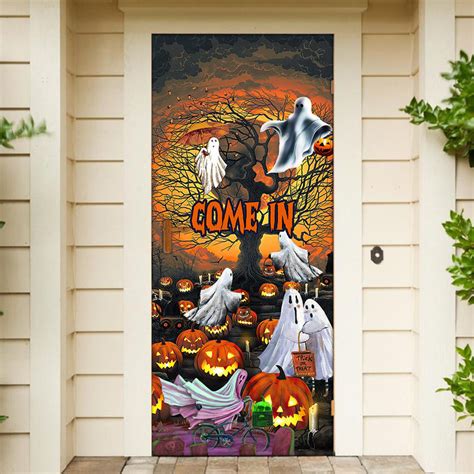 Ghost Pumpkin Come In Halloween Door Cover Spooky Scary Halloween Door