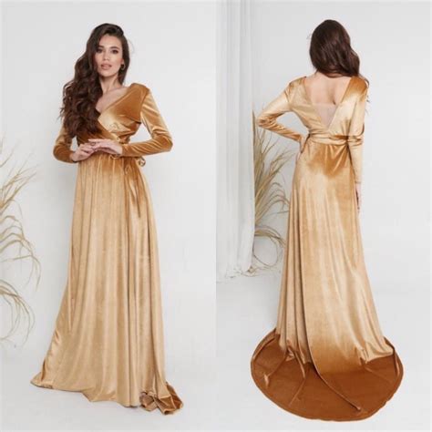 Gold Velvet Long Wrap Dress V Neck Wrap Dress Backless Dress A Line