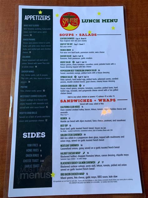 Menu At Spitfire Grill Restaurant Sidney