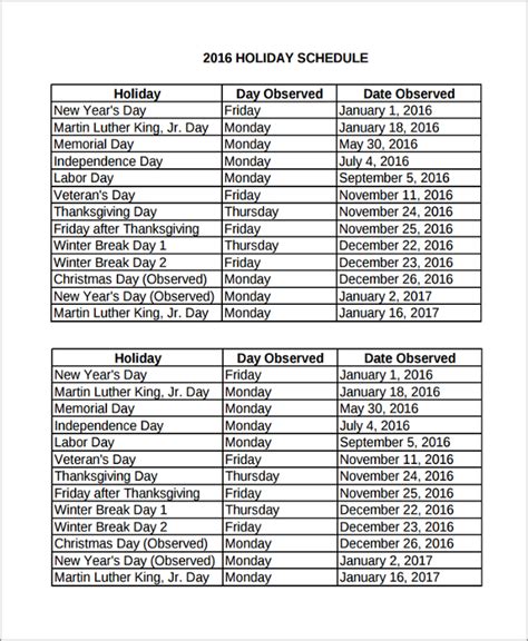 Holiday Schedule Template