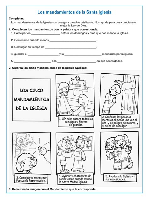 Ficha De Educación Religiosa 23 08 Los Cinco Mandamientos De La Iglesia Pdf Eucaristía