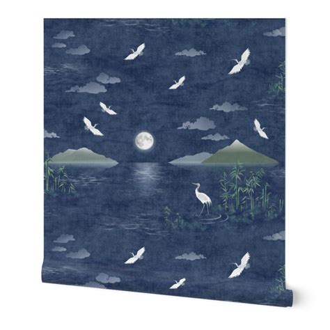 Moonrise With Cranes And Bamboo Large Wallpaper Spoonflower