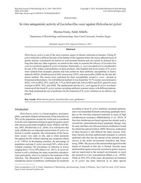 Pdf In Vitro Antagonistic Activity Of Lactobacillus Casei Against