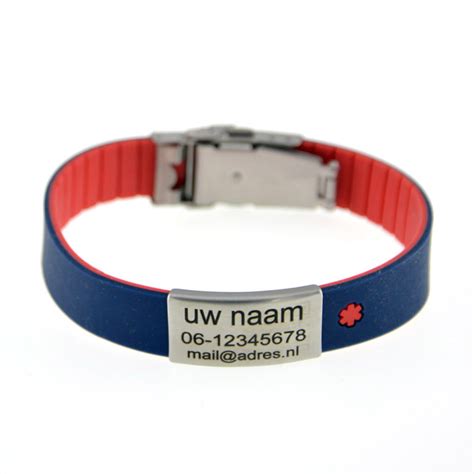 Id Sos Armband Rvs Siliconen Rood Blauw Inclusief Graveren Misjuba