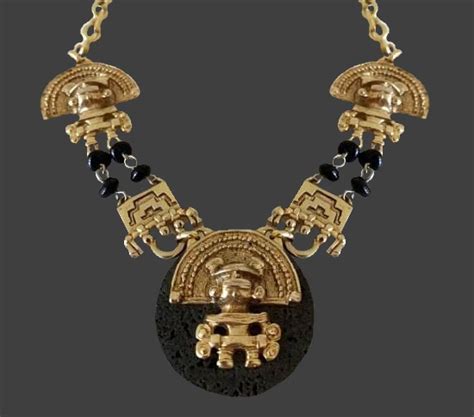 Aztec Mayan Motif Necklace Gold Tone Art Glass Kaleidoscope Effect