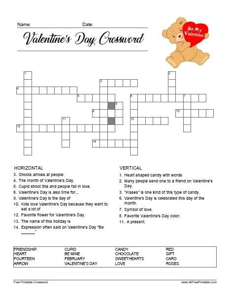 Valentine Crossword Puzzles Printable