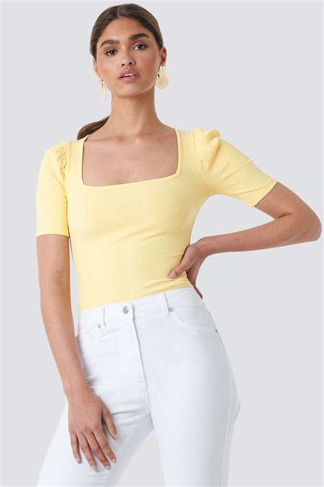 Ribbed Puff Short Sleeve Top Yellow Na