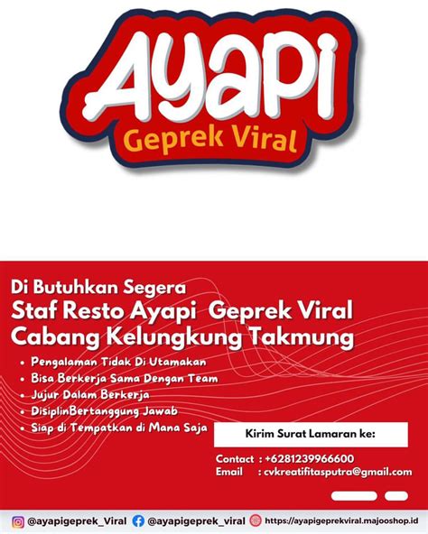 Lowongan Kerja Sebagai Staff Resto Untuk Ayapi Geprek Viral Penempatan