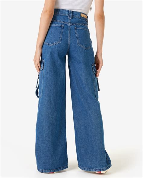 Riachuelo Cal A Jeans Feminina Wide Leg Cargo Denim M Dio Pool By