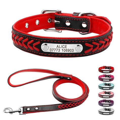 Personalized Leather Dog Collar And Leash Set Inner Padded Customized