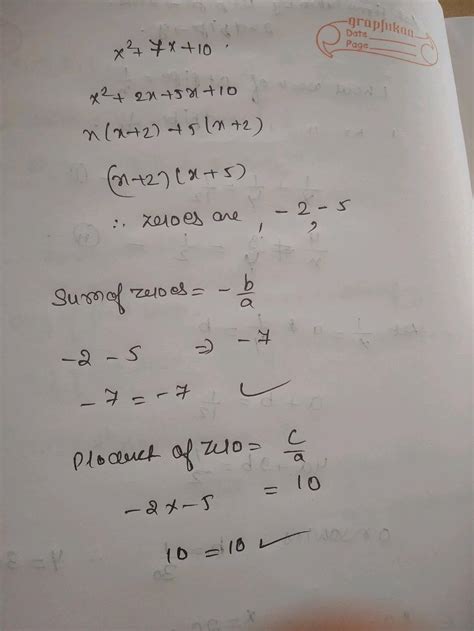 Find The Zero Of The Quadratic Polynomial X2 7x 10 And Verify