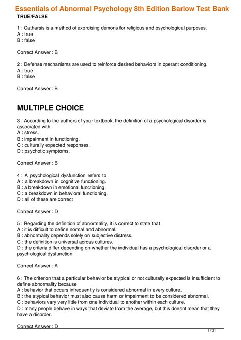 Test Bank Essentials Of Abnormal Psychology Th Edition Barlow Chapter