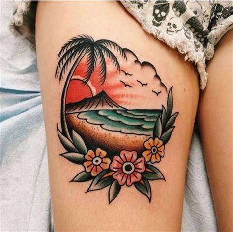 Traditional Beach Landscape Tattoo With The Flowers Inked On The Left