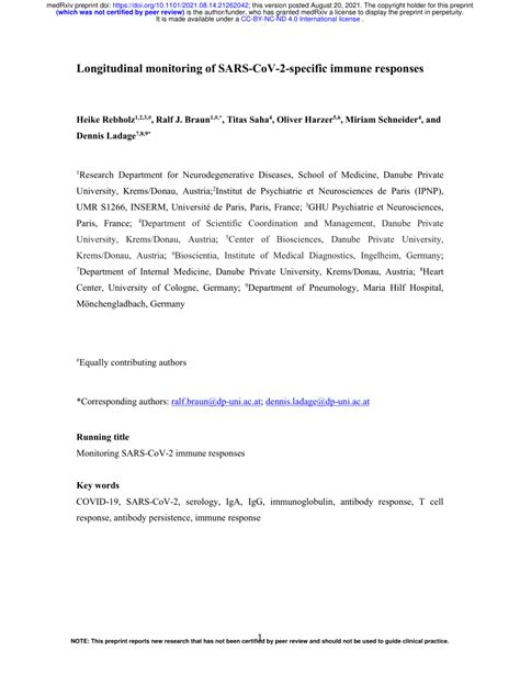 PDF Longitudinal Monitoring Of SARS CoV 2 Specific Immune Responses