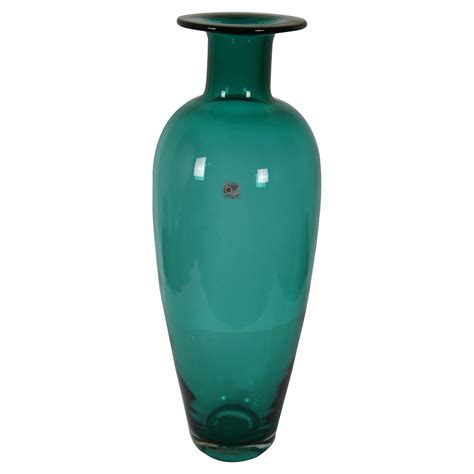 Vintage Blenko Emerald Green Teal Hand Blown Art Glass Cylindrical Vase