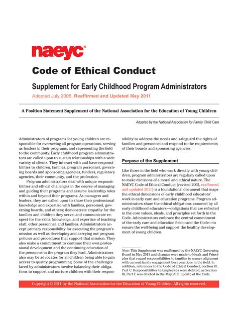 Naeyc Code Of Ethical Conduct Supplement For Early Childhood Program