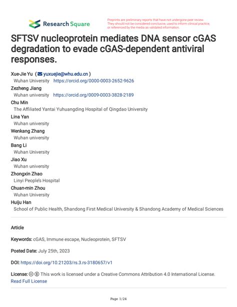 Pdf Sftsv Nucleoprotein Mediates Dna Sensor Cgas Degradation To Evade