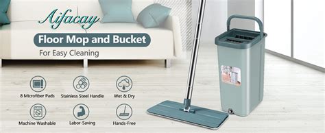 Aifacay Floor Mop And Bucket Set Hands Free Squeeze Flat Mop Bucket System 8 Reusable