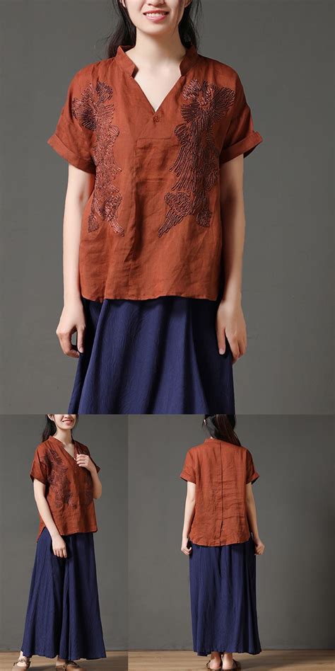 Linen Brown Short Sleeve Casual Loose Women Blouse Blouses For Women