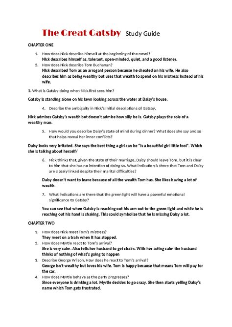 The Great Gatsby Study Guide The Great Gatsby Study Guide Chapter One