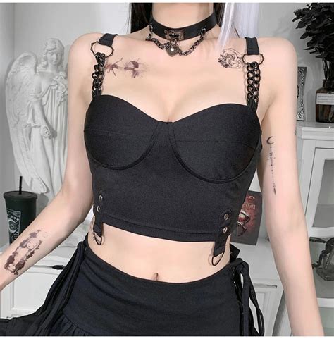 Black Gothic Streetwear Strap Crop Top Rebelsmarket