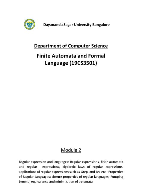 Finite Automata And Formal Language 19cs3501 Department Of Computer