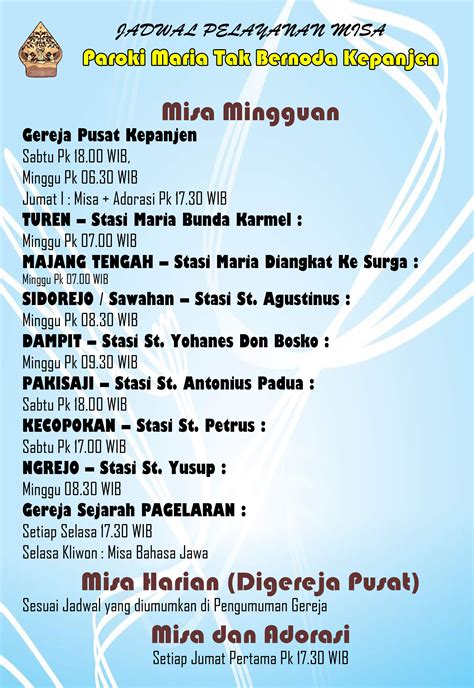 Jadwal Pelayanan Misa Gereja Katolik Paroki Maria Tak Bernoda Kepanjen