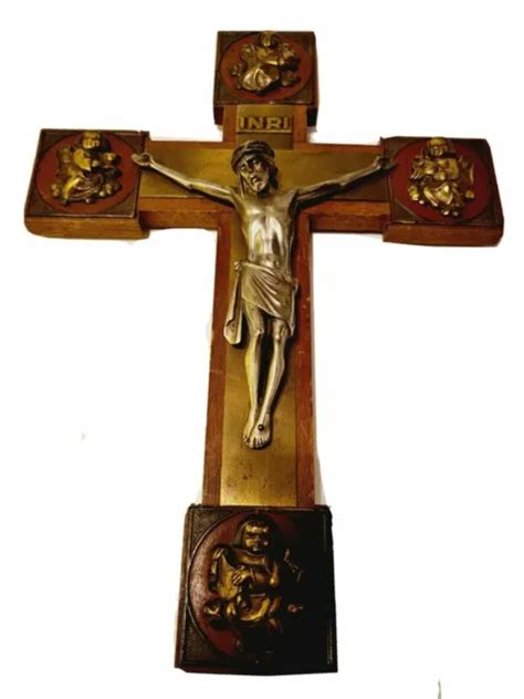 Ancien Croix Crucifix Debut Me Bois Inri Christ Corpus Christi